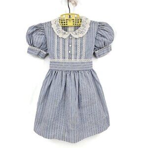 Vtg Bow Age Blue Stripe Prairie Party Dress Girls 4 Lace Collar